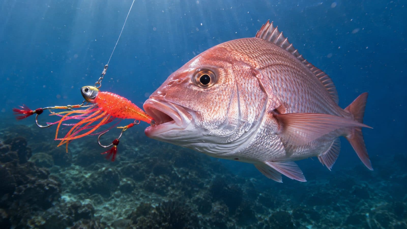 Un pargo con la boca abierta a punto de morder un señuelo de cabeza plomada y falda roja, bajo el agua y sobre un fondo rocoso