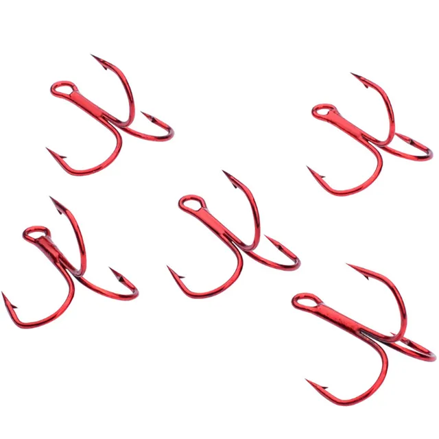 Anzuelos simples y triples de acero rojo para pesca deportiva