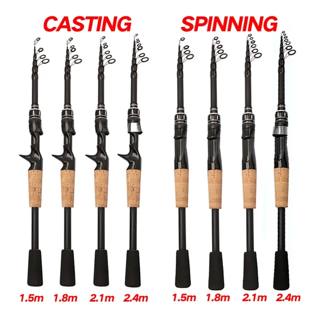 Caña telescópica de carbono ajustable hasta 2.4M para pesca spinning y baitcasting