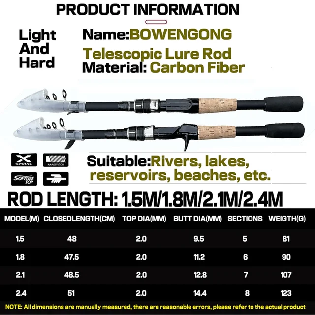 Caña telescópica de carbono ajustable hasta 2.4M para pesca spinning y baitcasting