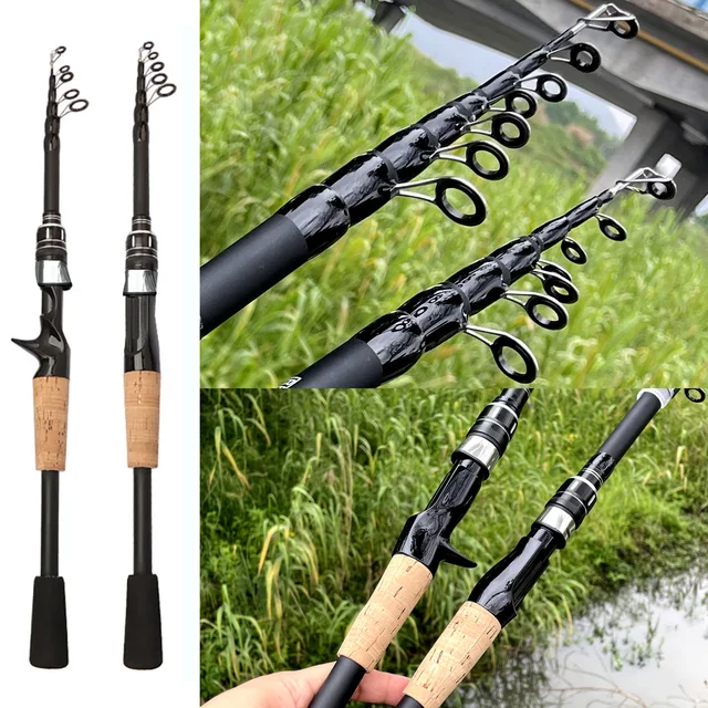 Caña telescópica de carbono ajustable hasta 2.4M para pesca spinning y baitcasting